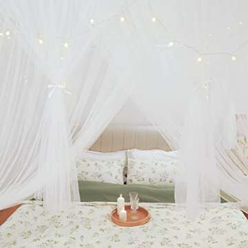 Vpory Canopy Bed Curtains - 4 Corners Post Bed Canopy Curtains for Girls & Adults, Bed Princess Bed Canopy Mosquito Net Bedroom Decoration Accessories - White, Full Size/Queen Size