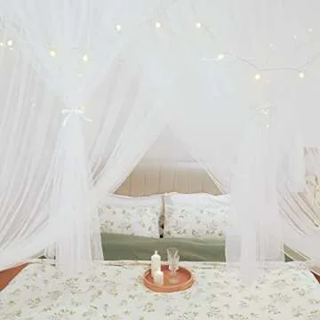 Vpory Canopy Bed Curtains - 4 Corners Post Bed Canopy Curtains for Girls & Adults, Bed Princess Bed Canopy Mosquito Net Bedroom Decoration Accessories - White, Full Size/Queen Size