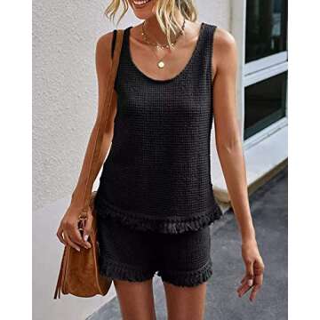 Avanova Women's Summer Short Sets Cozy Waffle Knit Tassel Tank Top and Shorts Outfits Lounge Sets Black Small