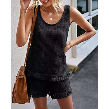 Avanova Women's Summer Short Sets Cozy Waffle Knit Tassel Tank Top and Shorts Outfits Lounge Sets Black Small
