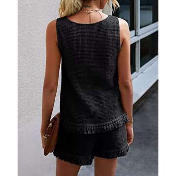 Avanova Women's Summer Short Sets Cozy Waffle Knit Tassel Tank Top and Shorts Outfits Lounge Sets Black Small