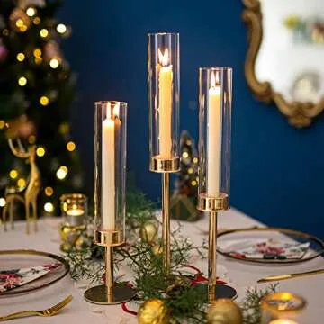 Sziqiqi Gold Taper Candle Holders for Table Centerpiece - 1.6feet Tall Candlestick Holders for Wedding Candlelight Dinner Glass Hurricane Candleholder Set of 3