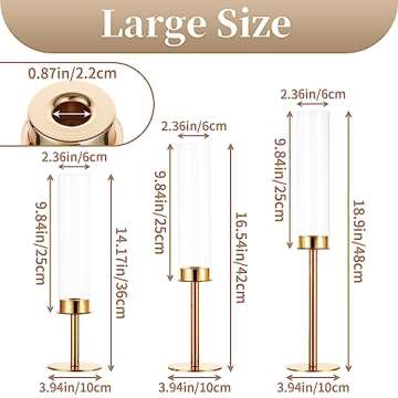 Sziqiqi Gold Taper Candle Holders for Table Centerpiece - 1.6feet Tall Candlestick Holders for Wedding Candlelight Dinner Glass Hurricane Candleholder Set of 3