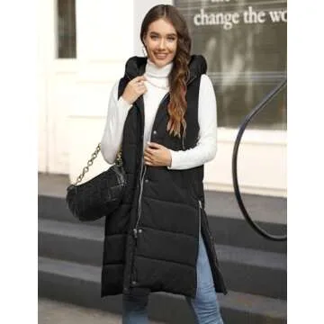 Jyanl Womens Puffer Vest Jackets Warm Winter Coats Long Quilted Vest Hooded Vest Casual Zip Up Jackets Sleeveless Outerwear Vest with Pockets