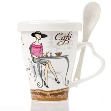 Mecai Ceramic Coffee Mugs For Women With Spoon And Lid 12 Oz Tea Cups,Novelty Gifts For Lady Boss friends Female -red