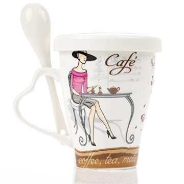 Mecai Ceramic Coffee Mugs For Women With Spoon And Lid 12 Oz Tea Cups,Novelty Gifts For Lady Boss friends Female -red