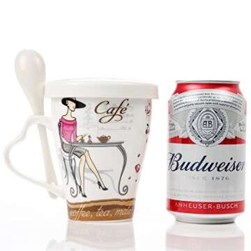 Mecai Ceramic Coffee Mugs For Women With Spoon And Lid 12 Oz Tea Cups,Novelty Gifts For Lady Boss friends Female -red