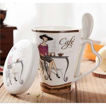 Mecai Ceramic Coffee Mugs For Women With Spoon And Lid 12 Oz Tea Cups,Novelty Gifts For Lady Boss friends Female -red