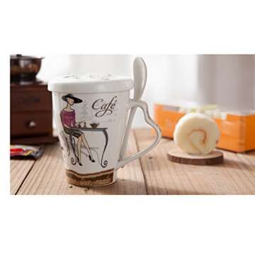 Mecai Ceramic Coffee Mugs For Women With Spoon And Lid 12 Oz Tea Cups,Novelty Gifts For Lady Boss friends Female -red