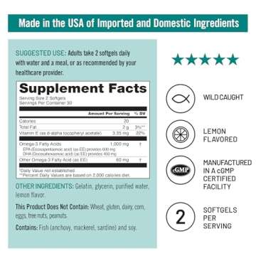 NatureWise Extra-Strength Omega 3 Fish Oil Supplement - 1000mg per Serving - 600 EPA & 400 DHA and Vitamin E - Support for Heart & Brain Health - Lemon Flavor, GMO-Free - 60 Softgels[1-Month Supply]