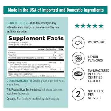 NatureWise Extra-Strength Omega 3 Fish Oil Supplement - 1000mg per Serving - 600 EPA & 400 DHA and Vitamin E - Support for Heart & Brain Health - Lemon Flavor, GMO-Free - 60 Softgels[1-Month Supply]
