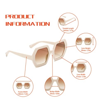 TruFabV 70s Oversized Sunglasses Womens Trendy Retro Square Sun Glasses Fashion Hexagon Thick Shades (Beige, 2)