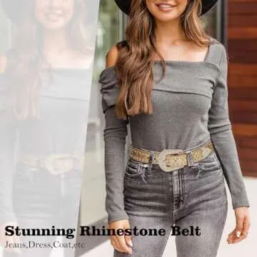 WHIPPY Women Rhinestones Leather Belts Bling Studded Western Cowgirl Waist Belt for Jeans Pants with Removable Buckle, Gold Sequin, S