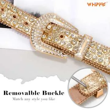 WHIPPY Women Rhinestones Leather Belts Bling Studded Western Cowgirl Waist Belt for Jeans Pants with Removable Buckle, Gold Sequin, S