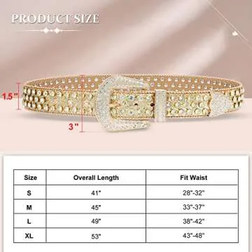 WHIPPY Women Rhinestones Leather Belts Bling Studded Western Cowgirl Waist Belt for Jeans Pants with Removable Buckle, Gold Sequin, S