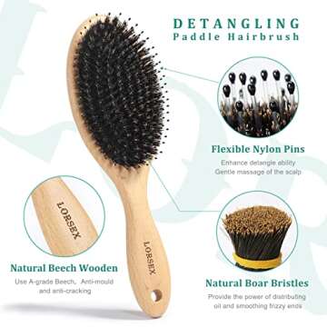 Hair Brush, Lorsex Boar Brislte Brush for Thin Fine Wet/Dry All Hair Type, Boar Bristle Hair Brushes...