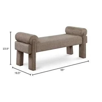 Meridian Furniture 182Brown Stefano Collection Modern | Contemporary Upholstered Bench with Soft Brown Fabric, Rounded Pillow Arms, 55" W x 19.5" D x 23.5" H, Brown