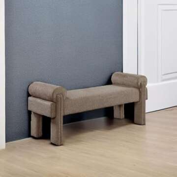 Meridian Furniture 182Brown Stefano Collection Modern | Contemporary Upholstered Bench with Soft Brown Fabric, Rounded Pillow Arms, 55" W x 19.5" D x 23.5" H, Brown