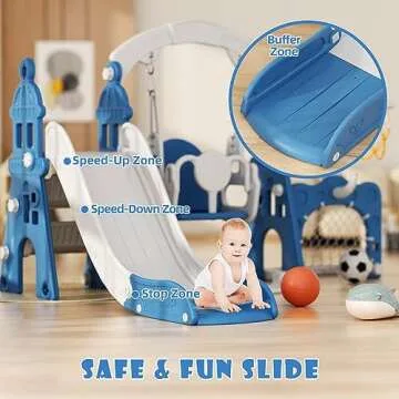 XJD 6-in-1 Toddler Slide and Swing Set, Kids Slide for Toddlers Age 1+, Toddler Outdoor Playset with Basketball Hoop, Football Frame, Swing, Outdoor Indoor Playground for Toddlers 1-3 (Blue)