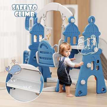 XJD 6-in-1 Toddler Slide and Swing Set, Kids Slide for Toddlers Age 1+, Toddler Outdoor Playset with Basketball Hoop, Football Frame, Swing, Outdoor Indoor Playground for Toddlers 1-3 (Blue)