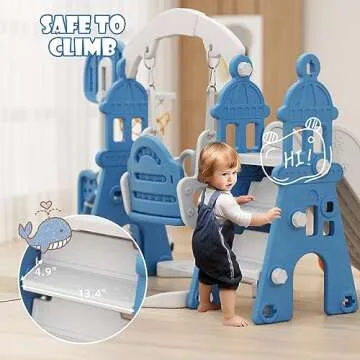 XJD 6-in-1 Toddler Slide and Swing Set, Kids Slide for Toddlers Age 1+, Toddler Outdoor Playset with Basketball Hoop, Football Frame, Swing, Outdoor Indoor Playground for Toddlers 1-3 (Blue)