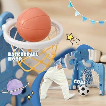 XJD 6-in-1 Toddler Slide and Swing Set, Kids Slide for Toddlers Age 1+, Toddler Outdoor Playset with Basketball Hoop, Football Frame, Swing, Outdoor Indoor Playground for Toddlers 1-3 (Blue)