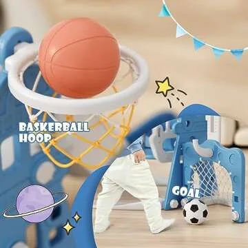 XJD 6-in-1 Toddler Slide and Swing Set, Kids Slide for Toddlers Age 1+, Toddler Outdoor Playset with Basketball Hoop, Football Frame, Swing, Outdoor Indoor Playground for Toddlers 1-3 (Blue)