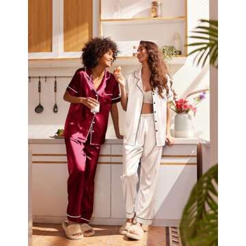 Ekouaer 2 Pack Womens Silk Satin Pajama Sets Button Down Sleepwear Short Sleeve Top and Pants Soft Pjs Lounge Set Champagne+Wind Red Large