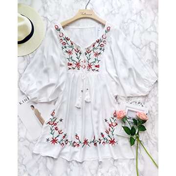futurino Women's Bohemian Embroidered Crew Neck Dress Fashionable Classic Button Down Top
