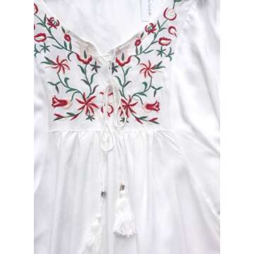 futurino Women's Bohemian Embroidered Crew Neck Dress Fashionable Classic Button Down Top