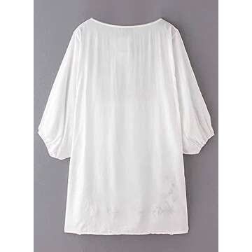 futurino Women's Bohemian Embroidered Crew Neck Dress Fashionable Classic Button Down Top