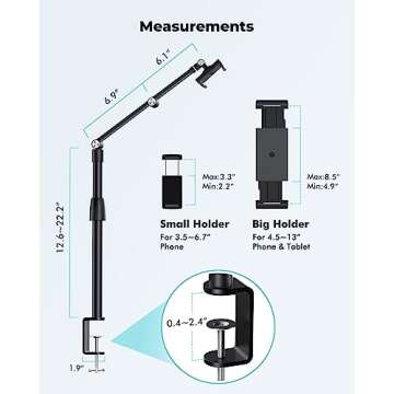 Viozon Tablet Phone Overhead Stand, Height & 360 Degree Angle Adjustable, Aluminum C Clamp Desktop Stand, Compatible with 3.5-13" Cellphone or Tablet Such as iPhone iPad Pro Air Mini,Video Recording