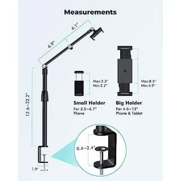 Viozon Tablet Phone Overhead Stand, Height & 360 Degree Angle Adjustable, Aluminum C Clamp Desktop Stand, Compatible with 3.5-13" Cellphone or Tablet Such as iPhone iPad Pro Air Mini,Video Recording