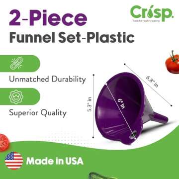 Crisp 2-Piece Funnel Set - All Purpose Funnels for Kitchen Use Filling Bottles - Durable & Dishwasher Safe Kitchen Funnel Set - Made in The USA - Purple