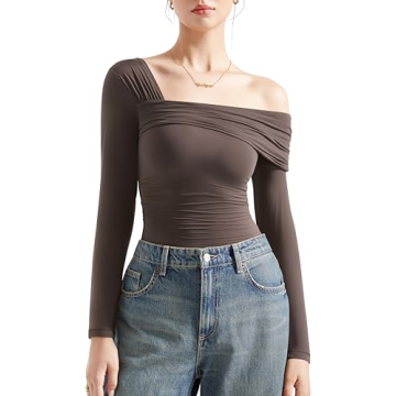 SUUKSESS Women One Off The Shoulder Winter Trendy Casual Tops Ruched Double Lined Long Sleeve Shirts