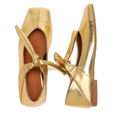VOLEECE Gold Bow Ballet Flats Shoes for Women Bow Tie Slip On Mary Jane Flats Square Toe Casual Dres...