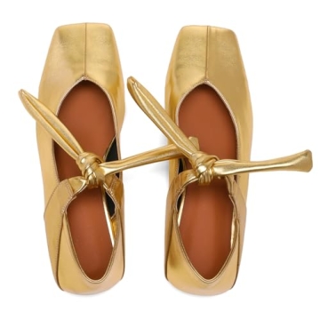 VOLEECE Gold Bow Ballet Flats Shoes for Women Bow Tie Slip On Mary Jane Flats Square Toe Casual Dress Ballerina Shoes