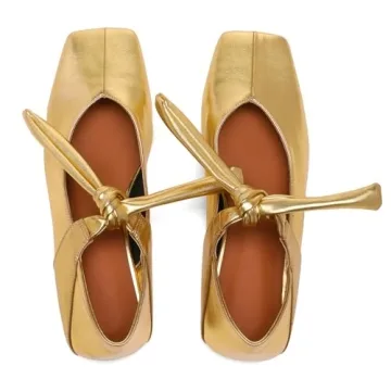 VOLEECE Gold Bow Ballet Flats Shoes for Women Bow Tie Slip On Mary Jane Flats Square Toe Casual Dress Ballerina Shoes