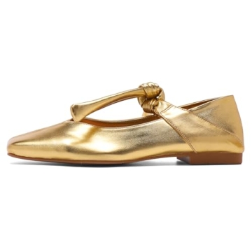VOLEECE Gold Bow Ballet Flats Shoes for Women Bow Tie Slip On Mary Jane Flats Square Toe Casual Dress Ballerina Shoes