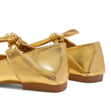 VOLEECE Gold Bow Ballet Flats Shoes for Women Bow Tie Slip On Mary Jane Flats Square Toe Casual Dress Ballerina Shoes