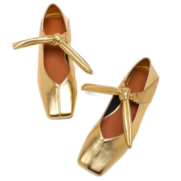 VOLEECE Gold Bow Ballet Flats Shoes for Women Bow Tie Slip On Mary Jane Flats Square Toe Casual Dress Ballerina Shoes