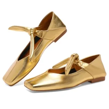 VOLEECE Gold Bow Ballet Flats Shoes for Women Bow Tie Slip On Mary Jane Flats Square Toe Casual Dress Ballerina Shoes