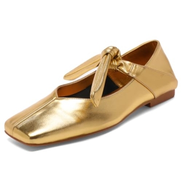 VOLEECE Gold Bow Ballet Flats Shoes for Women Bow Tie Slip On Mary Jane Flats Square Toe Casual Dress Ballerina Shoes