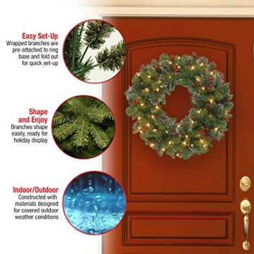 National Tree Company Pre-Lit Artificial Christmas Wreath, Green, Carolina Pine, White Lights, Decorated with Pine Cones and Glitter, Berry Clusters, Christmas Collection, 30 Inches