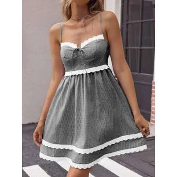 Wenrine Womens Summer Mini Dress Spaghetti Strap Sweetheart Y2K Plaid Lace Trim Tiered Beach Sundress Dresses Black