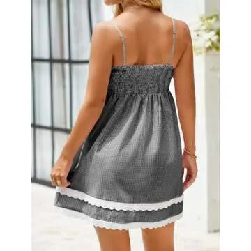 Wenrine Womens Summer Mini Dress Spaghetti Strap Sweetheart Y2K Plaid Lace Trim Tiered Beach Sundress Dresses Black