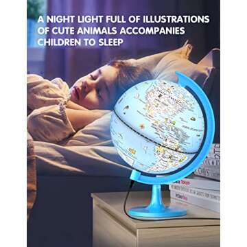 JOWHOL 8'' Illuminated Globe for Children with 100+ Fun Illustrations - Desk Earth Globe Built-in LED Night Light, World Globe for Kids Learning, Animal Globe Educational Toys Gifts for Kids/Students