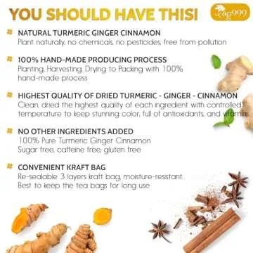 120 Bags Premium Turmeric Ginger Cinnamon Tea, Improve Digestion, Support Brain, Weight, Skin and Sleep, Eco-Conscious Tea Bags and Premium Natural Ingredients. Turmeric Ginger Herbal Tea. No Sugar, No Caffeine, No Gluten, Vegan.