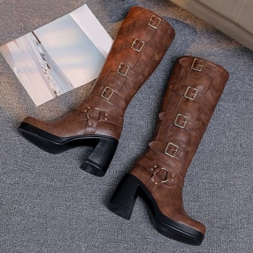 Women's Goth Knee High Boots Chunky Heel Square Toe