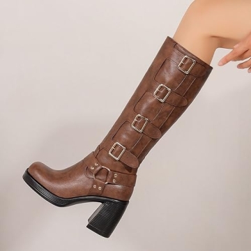 Women's Goth Knee High Boots Chunky Heel Square Toe